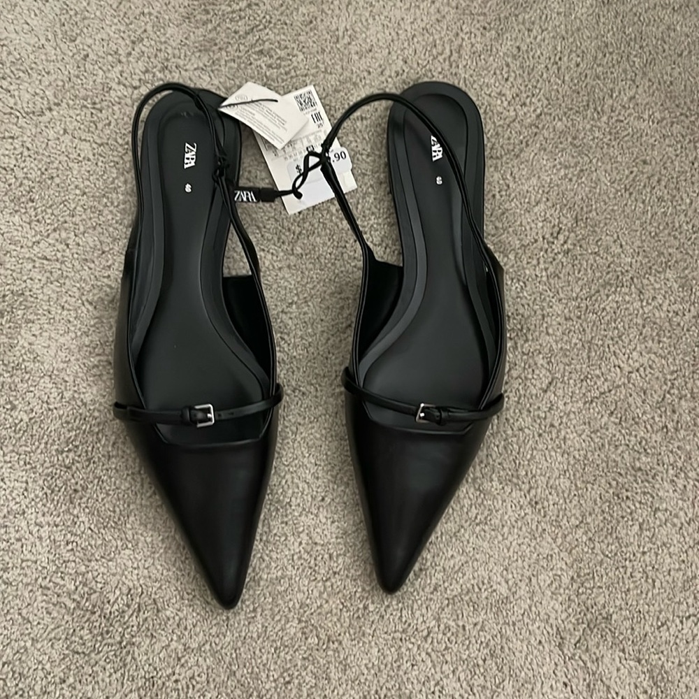 Zara Leather Black Pointed Toe Flats Size 40 / US 9